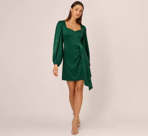 Adrianna Papell Long Sleeve Satin Dress With Draped Details In Dark Ivy DARKIVY Discount