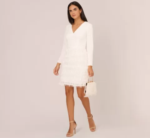Adrianna Papell Long Sleeve Sequin Fringe Cocktail Dress In IVORY Flash Sale