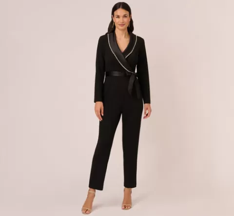 Adrianna Papell Long Sleeve Tuxedo Jumpsuit With Crystal Trim In BLACK Best