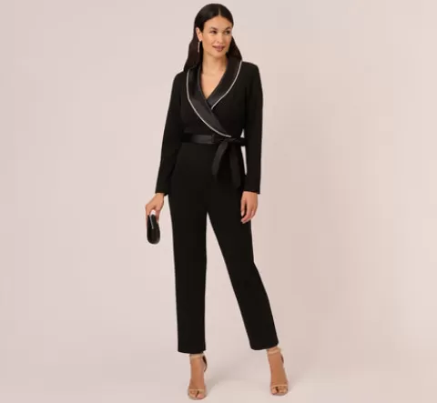 Adrianna Papell Long Sleeve Tuxedo Jumpsuit With Crystal Trim In BLACK Best