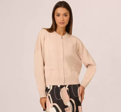 Adrianna Papell Long Sleeve Zip Front Sweater Bomber In Champagne Blush CHAMPAGNEBLUSH Best Sale