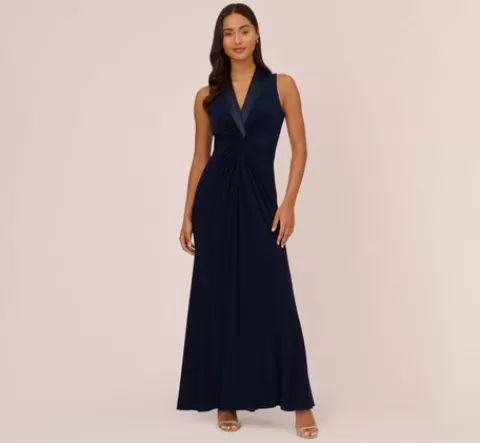 Adrianna Papell Matte Jersey Twist Front Tuxedo Long Gown In MIDNIGHT Online