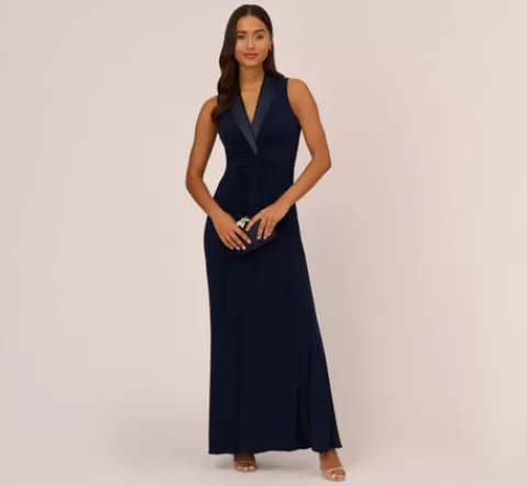 Adrianna Papell Matte Jersey Twist Front Tuxedo Long Gown In MIDNIGHT Online