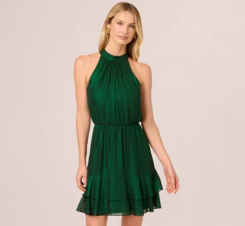 Adrianna Papell Metallic Blouson Halter Dress In Emerald Green EMERALDGREEN Flash Sale