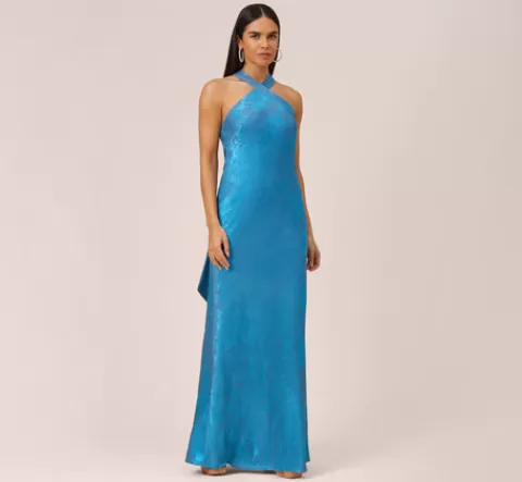 Adrianna Papell Metallic Chiffon Halter Gown In Ocean Dream OCEANDREAM Cheap
