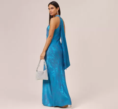 Adrianna Papell Metallic Chiffon Halter Gown In Ocean Dream OCEANDREAM Cheap