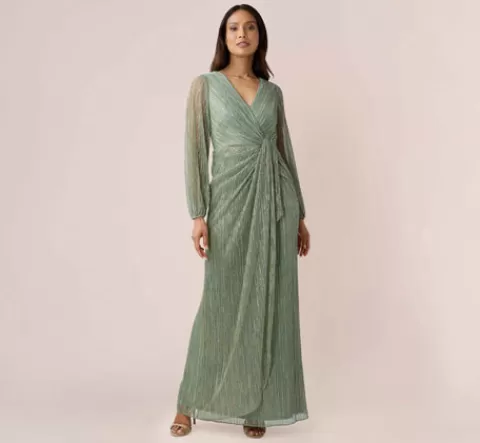 Adrianna Papell Metallic Crinkled Mesh Draped Long Gown In Green Slate GREENSLATE Best