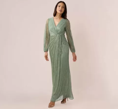 Adrianna Papell Metallic Crinkled Mesh Draped Long Gown In Green Slate GREENSLATE Best