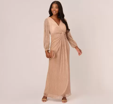 Adrianna Papell Metallic Crinkled Mesh Draped Long Gown In Light Gold LIGHTGOLD New