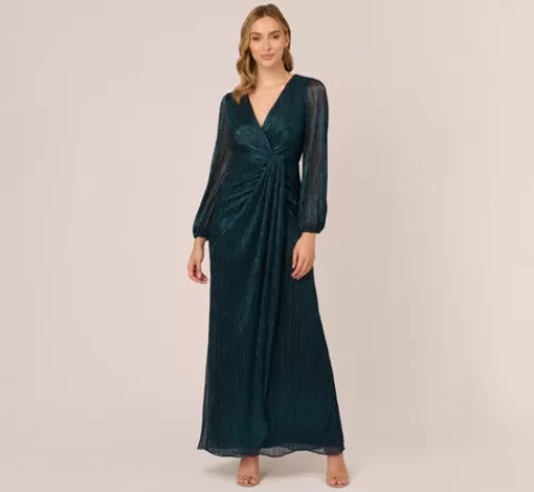 Adrianna Papell Metallic Crinkled Mesh Draped Long Gown In Teal Sapphire TEALSAPPHIRE Best