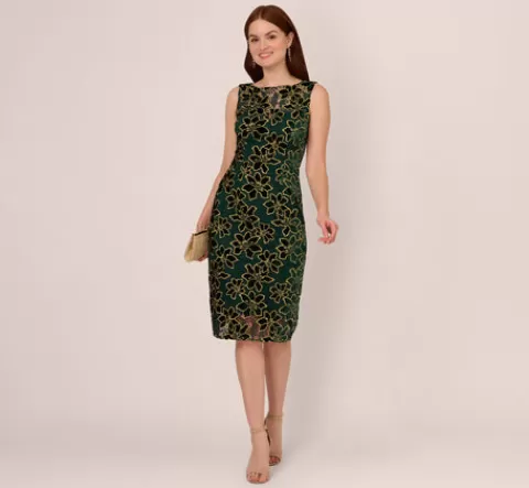 Adrianna Papell Metallic Floral Lace Midi Dress With Illusion Neckline In Hunter Gold HUNTER-GOLD Cheap
