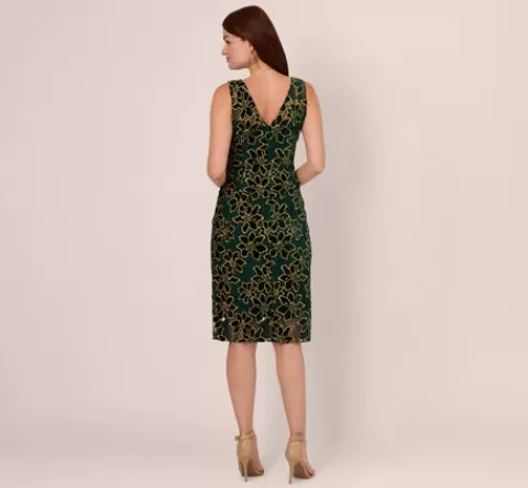 Adrianna Papell Metallic Floral Lace Midi Dress With Illusion Neckline In Hunter Gold HUNTER-GOLD Cheap