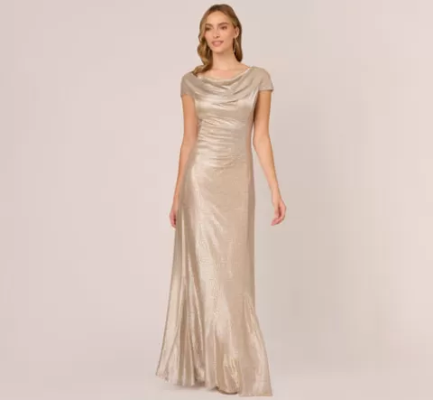 Adrianna Papell Metallic Foil Knit Draped Long Gown In ALABASTER Clearance