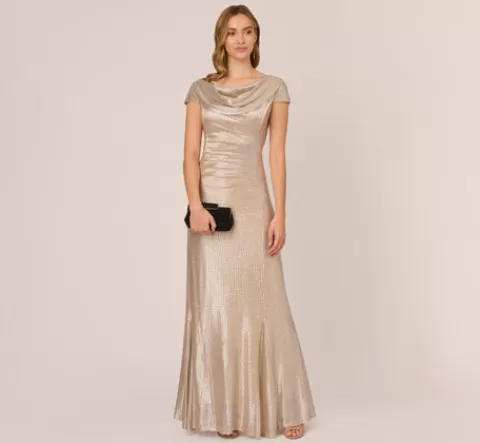 Adrianna Papell Metallic Foil Knit Draped Long Gown In ALABASTER Clearance