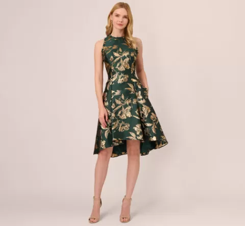 Adrianna Papell Metallic Jacquard High Low Dress With Ruffle Details In HUNTER Cheap