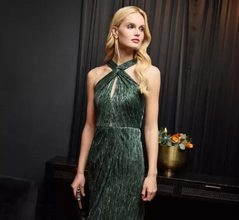 Adrianna Papell Metallic Knit Halter Midi Dress With Wrap Skirt In Green Pine GREENPINE Sale