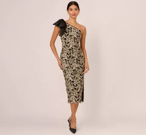 Adrianna Papell Metallic Leaf Lace Ankle Dress In Black Gold BLACK-GOLD Best
