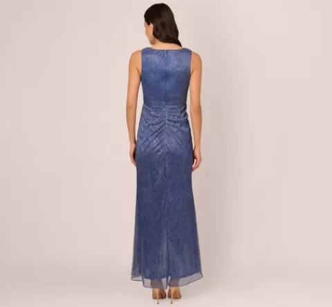 Adrianna Papell Metallic Mesh Faux Wrap Gown With Ruffle Accents In Light Navy LIGHTNAVY Store