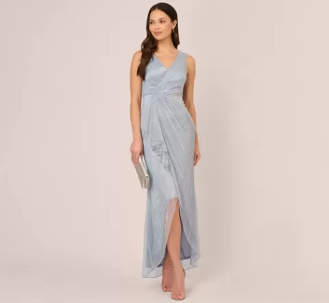 Adrianna Papell Metallic Mesh Faux Wrap Gown With Ruffle Accents In Sky Blue SKYBLUE Online