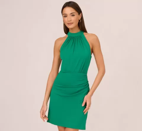 Adrianna Papell Mock Neck Halter Dress With Pleated Bodice In GREEN Clearance