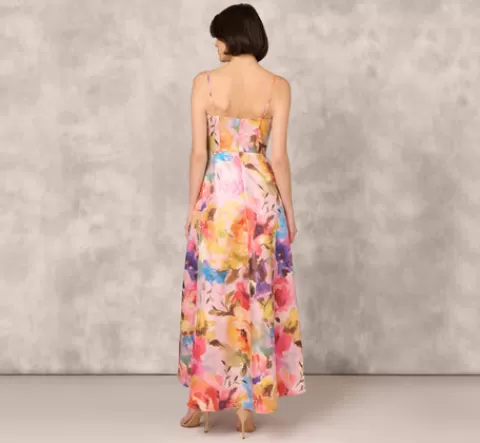 Adrianna Papell Multicolor Metallic Floral Print Jacquard High Low Gown With Pockets In Pink Multi PINKMULTI Cheap