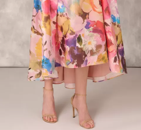Adrianna Papell Multicolor Metallic Floral Print Jacquard High Low Gown With Pockets In Pink Multi PINKMULTI Cheap