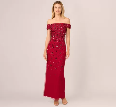 Adrianna Papell Off Shoulder Dress With Floral Embellishment In CRANBERRY Flash Sale