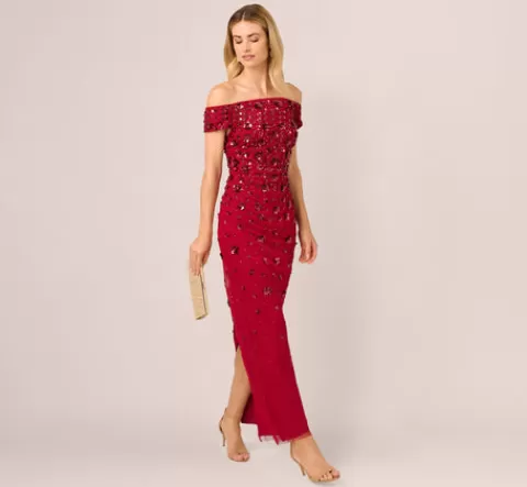 Adrianna Papell Off Shoulder Dress With Floral Embellishment In CRANBERRY Flash Sale