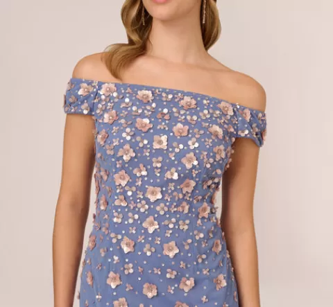Adrianna Papell Off Shoulder Dress With Floral Embellishment In French Blue Coral FRENCHBLUE-CORAL Store