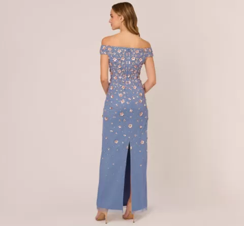 Adrianna Papell Off Shoulder Dress With Floral Embellishment In French Blue Coral FRENCHBLUE-CORAL Store