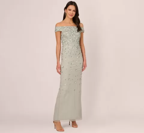 Adrianna Papell Off Shoulder Dress With Floral Embellishment In Frosted Sage FROSTEDSAGE Cheap