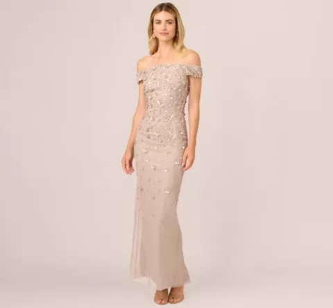 Adrianna Papell Off Shoulder Dress With Floral Embellishment In MARBLE Best Sale