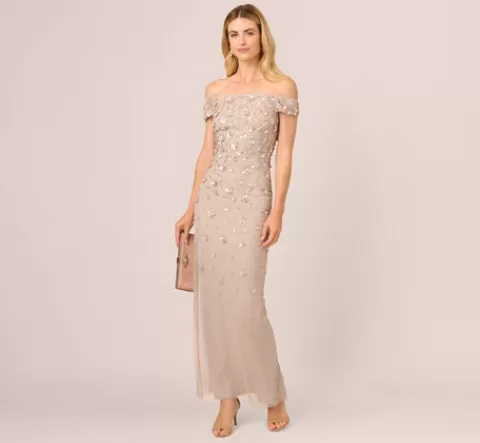 Adrianna Papell Off Shoulder Dress With Floral Embellishment In MARBLE Best Sale