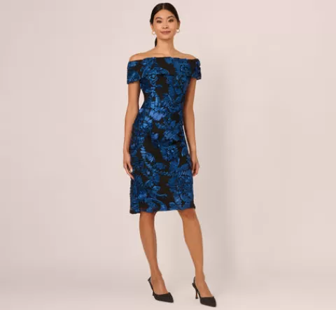Adrianna Papell Off Shoulder Soutache Dress In Navy Black NAVY-BLACK Store