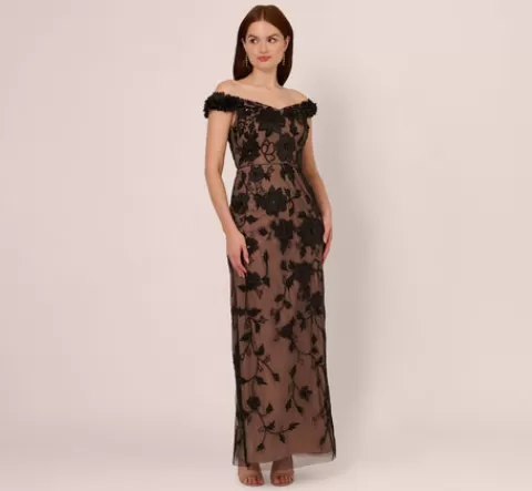 Adrianna Papell Off The Shoulder Beaded Column Gown With Rosette Accents In Black Rosegold BLACK-ROSEGOLD Fashion