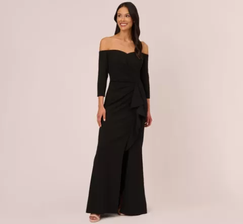 Adrianna Papell Off The Shoulder Cascading Ruffle Gown In BLACK Best Sale