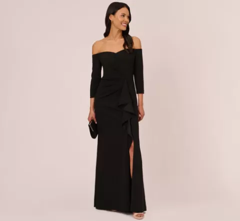 Adrianna Papell Off The Shoulder Cascading Ruffle Gown In BLACK Best Sale