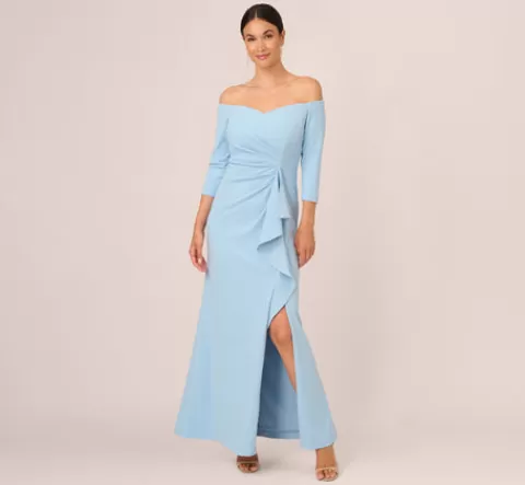 Adrianna Papell Off The Shoulder Cascading Ruffle Gown In Blue Mist BLUEMIST Hot