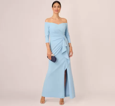 Adrianna Papell Off The Shoulder Cascading Ruffle Gown In Blue Mist BLUEMIST Hot