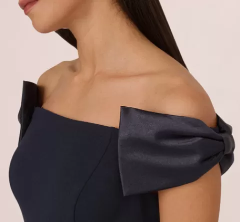 Adrianna Papell Off The Shoulder Crepe Column Gown With Bow Accents In TWILIGHT Best