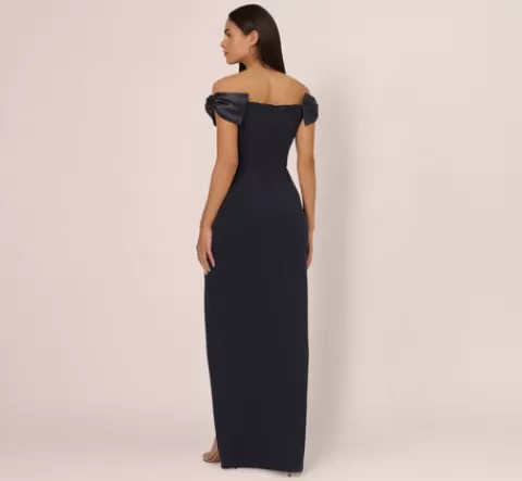 Adrianna Papell Off The Shoulder Crepe Column Gown With Bow Accents In TWILIGHT Best
