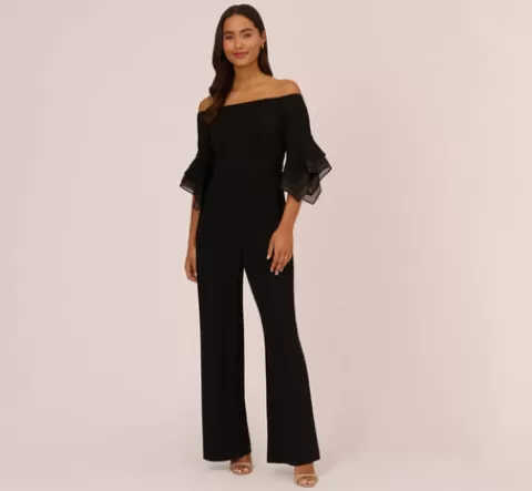 Adrianna Papell Off The Shoulder Crepe Jumpsuit With Organza Sleeves In BLACK Clearance
