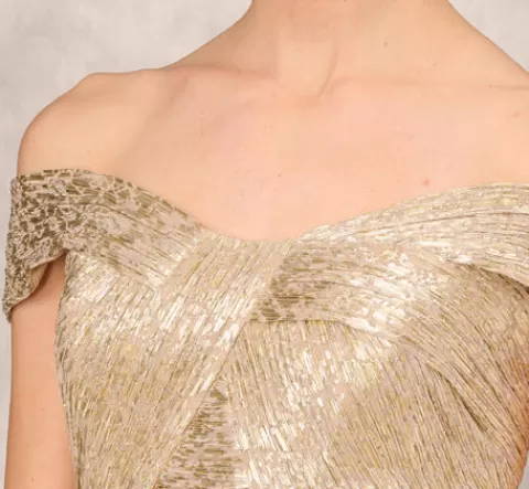 Adrianna Papell Off The Shoulder Metallic Foiled Metallic Pleated Mesh Long A-Line Ball Gown In GOLD Best
