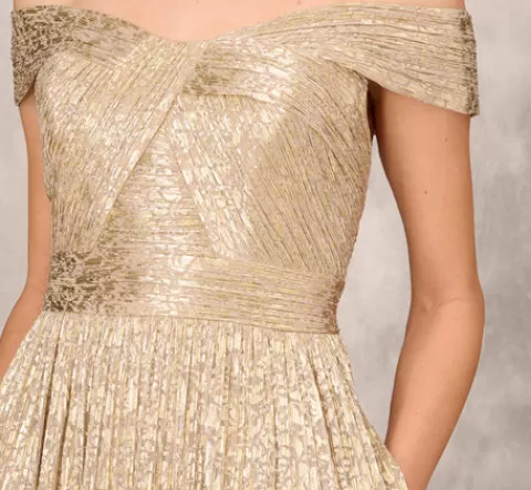 Adrianna Papell Off The Shoulder Metallic Foiled Metallic Pleated Mesh Long A-Line Ball Gown In GOLD Best