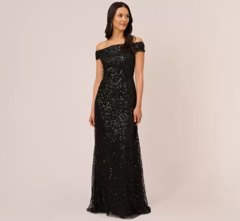 Adrianna Papell Off The Shoulder Sequin Beaded Gown In BLACK Online