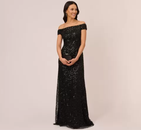 Adrianna Papell Off The Shoulder Sequin Beaded Gown In BLACK Online