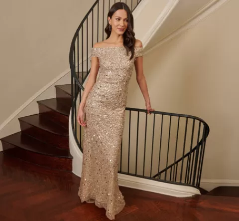 Adrianna Papell Off The Shoulder Sequin Beaded Gown In CHAMPAGNE Online