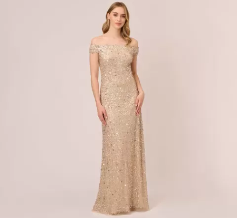 Adrianna Papell Off The Shoulder Sequin Beaded Gown In CHAMPAGNE Online