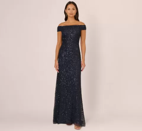 Adrianna Papell Off The Shoulder Sequin Beaded Gown In NAVY Fashion