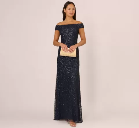 Adrianna Papell Off The Shoulder Sequin Beaded Gown In NAVY Fashion